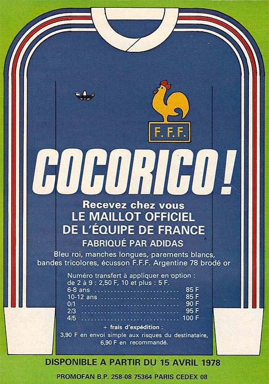 Publicité Adidas de mars 1978, avec le maillot de la Coupe du monde en Argentine.